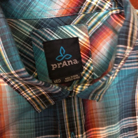 Prana Blue and Brown Plaid Casual Button Down Shirt - Picture 3 of 8